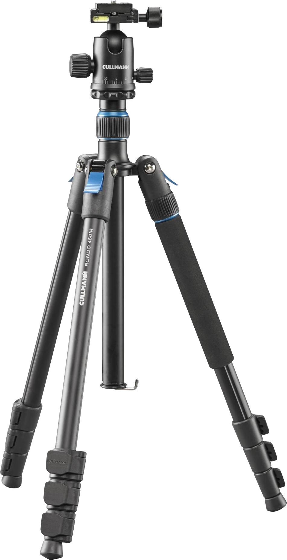 Een zwart camerastativ met blauwe accenten, telescopische poten en een kogelgewricht voor het bevestigen van een camera. Ideaal voor gestabiliseerde opnamen.