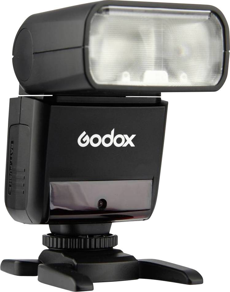 Externe flitser van Godox met draaibaar hoofd op een statief, geschikt voor DSLR-camera's, voor betere verlichting.