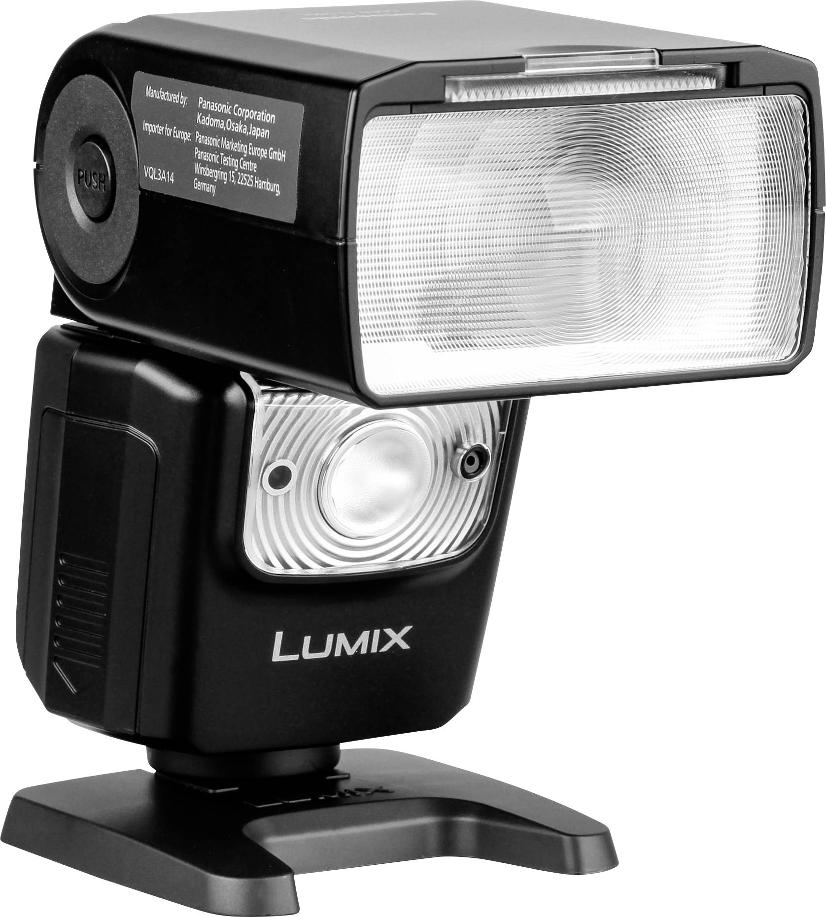 Een externe flitser met het opschrift 'LUMIX'. De flitser heeft een rechthoekig ontwerp en is gemonteerd op een standaard.