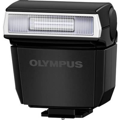 Een zwarte Olympus-cameraflitser met zilveren details aan de voorkant, geschikt voor het verlichten van fotomotieven.