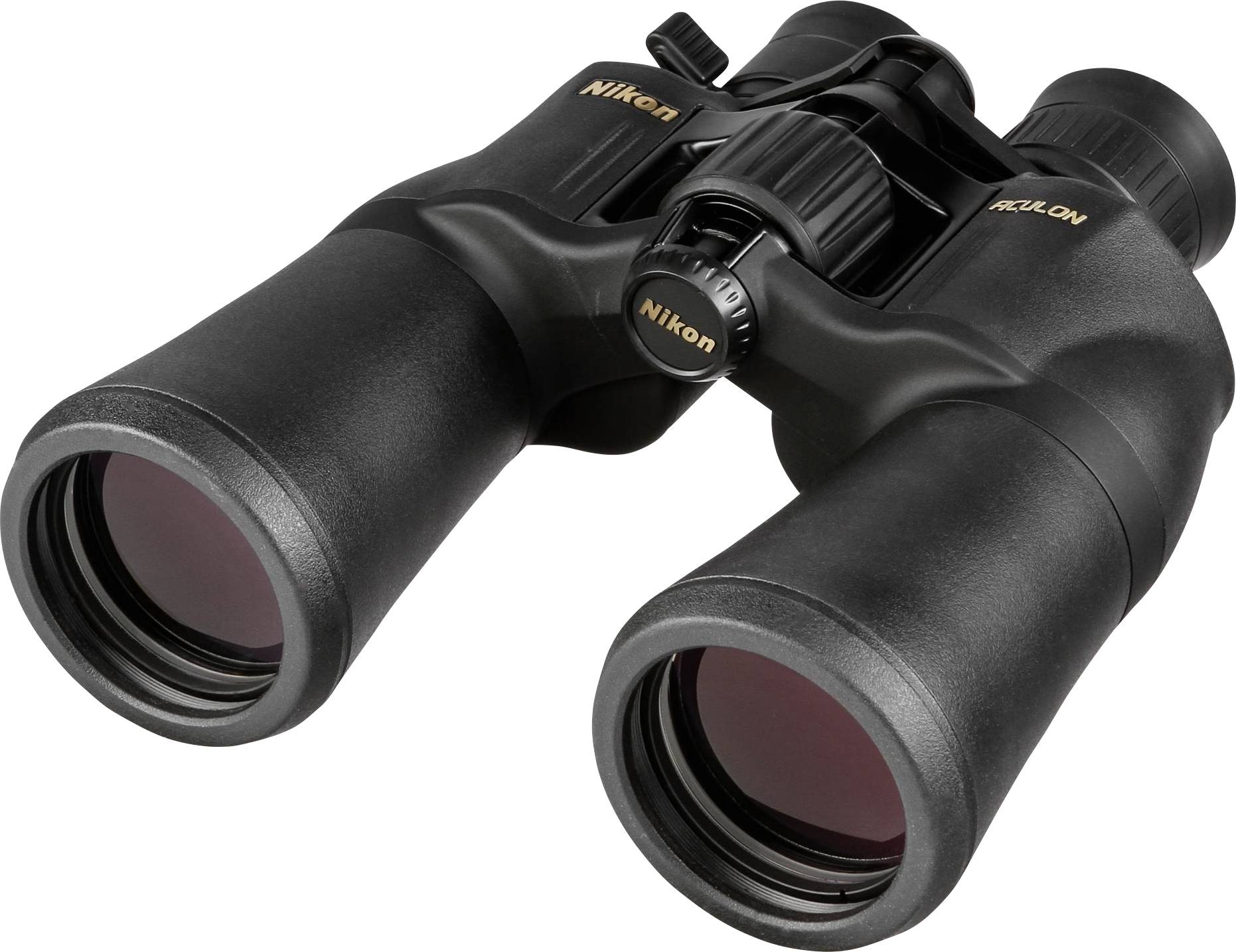 Een zwarte verrekijker met rode lenzen, waarop 'Nikon' staat. Ideaal voor observatie met verstelbare focus.