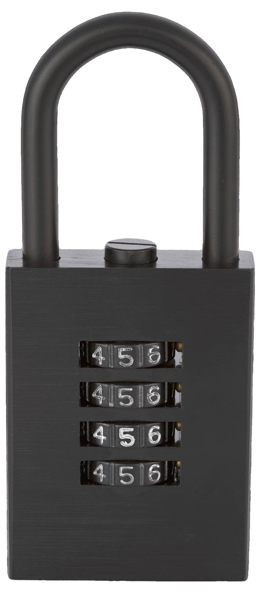 Een zwart cijferslot met een viercijferige combinatie, ingesteld op '4-5-6-5'.