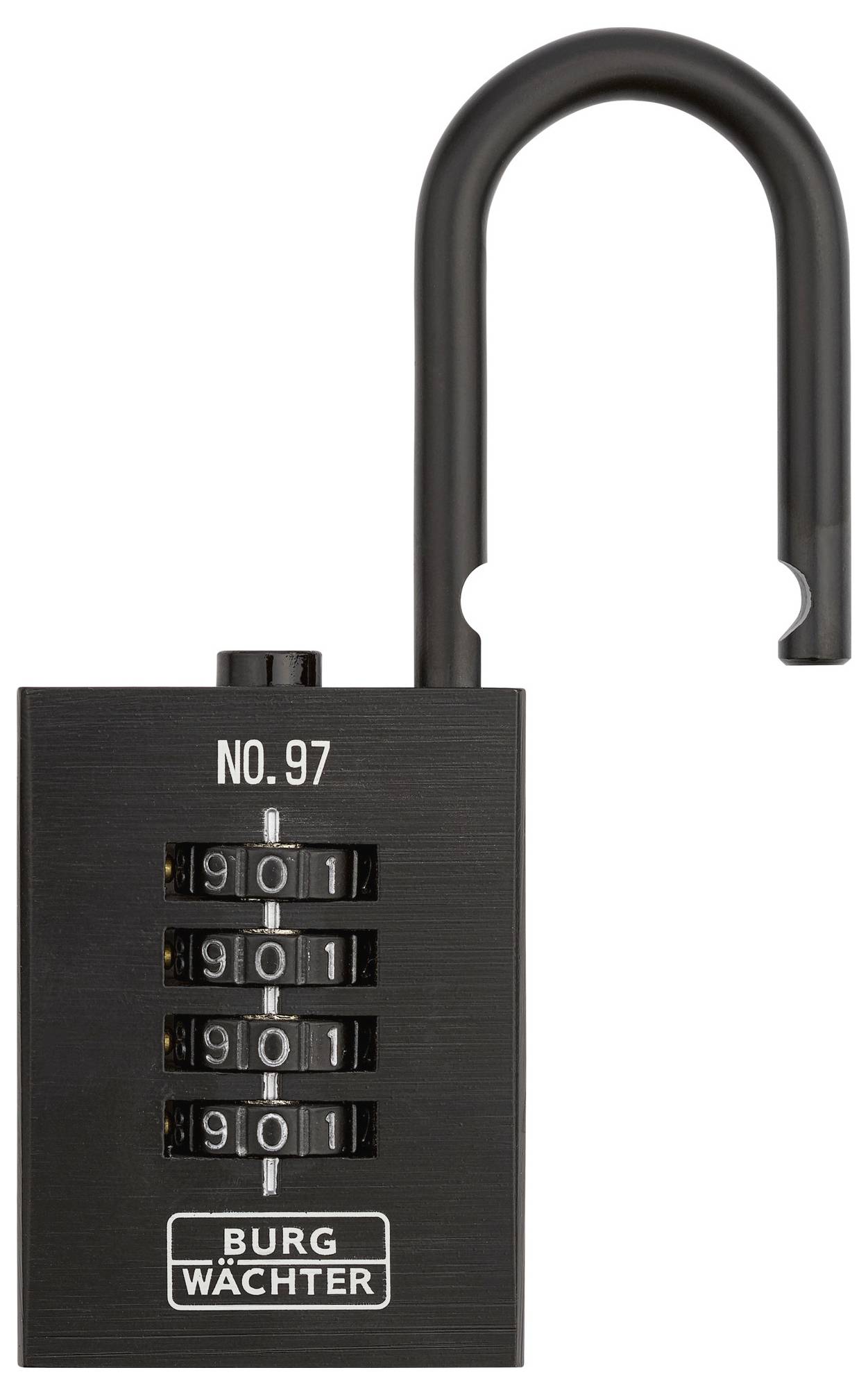 Een zwart cijferslot met een vijfcijferige combinatie, waarbij één cijfer is ingesteld op '9'. Het slot is open.