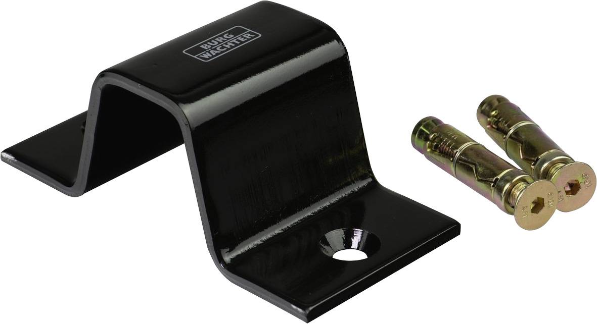 Zwart, U-vormig metalen beslag met twee goudkleurige schroeven, geschikt voor bevestiging aan de muur of op meubelstukken.