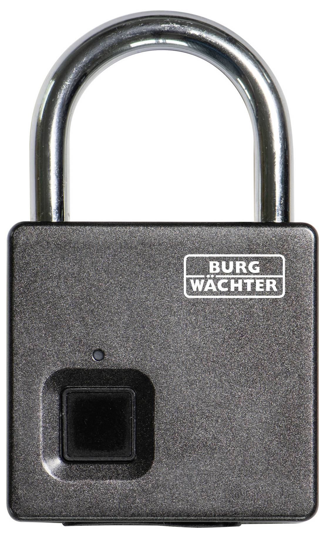 Zwart hangslot met vingerafdruksensor en zilveren beugel van het merk 'Burg Wächter', geschikt voor het beveiligen van voorwerpen.