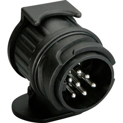 Een zwarte adapterstekker met zeven metalen pinnen, die wordt gebruikt voor het aansluiten van elektronische apparaten in voertuigen.