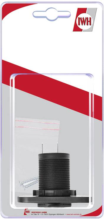Een zwarte kraan met schroefdraad, in een transparante plastic verpakking. Rechtsboven een rood-wit logo van IWH.