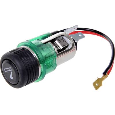 Elektrische aansteker met groen behuizing en zwarte knop, met sigarettensymbool gedrukt.