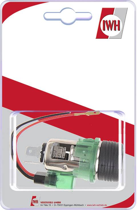 Een verpakking met een groene elektrische luchtverfrisser voor auto's van het merk IWH, afgebeeld op een rood-witte achtergrond.
