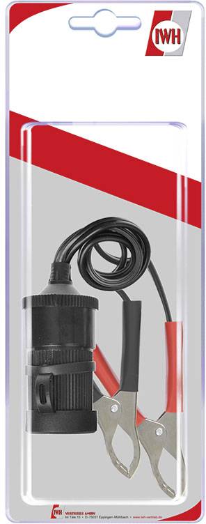 Verpakking met voertuig-adapterkabel, bestaande uit een sigarettenaanstekerverbinding met kabel en twee klemmen, rood en zwart.