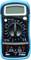 Een digitaal multimeter met een blauw beschermende behuizing, met een keuzeschakelaar voor spanning-, weerstand- en stroommetingen, LCD-scherm bovenaan.