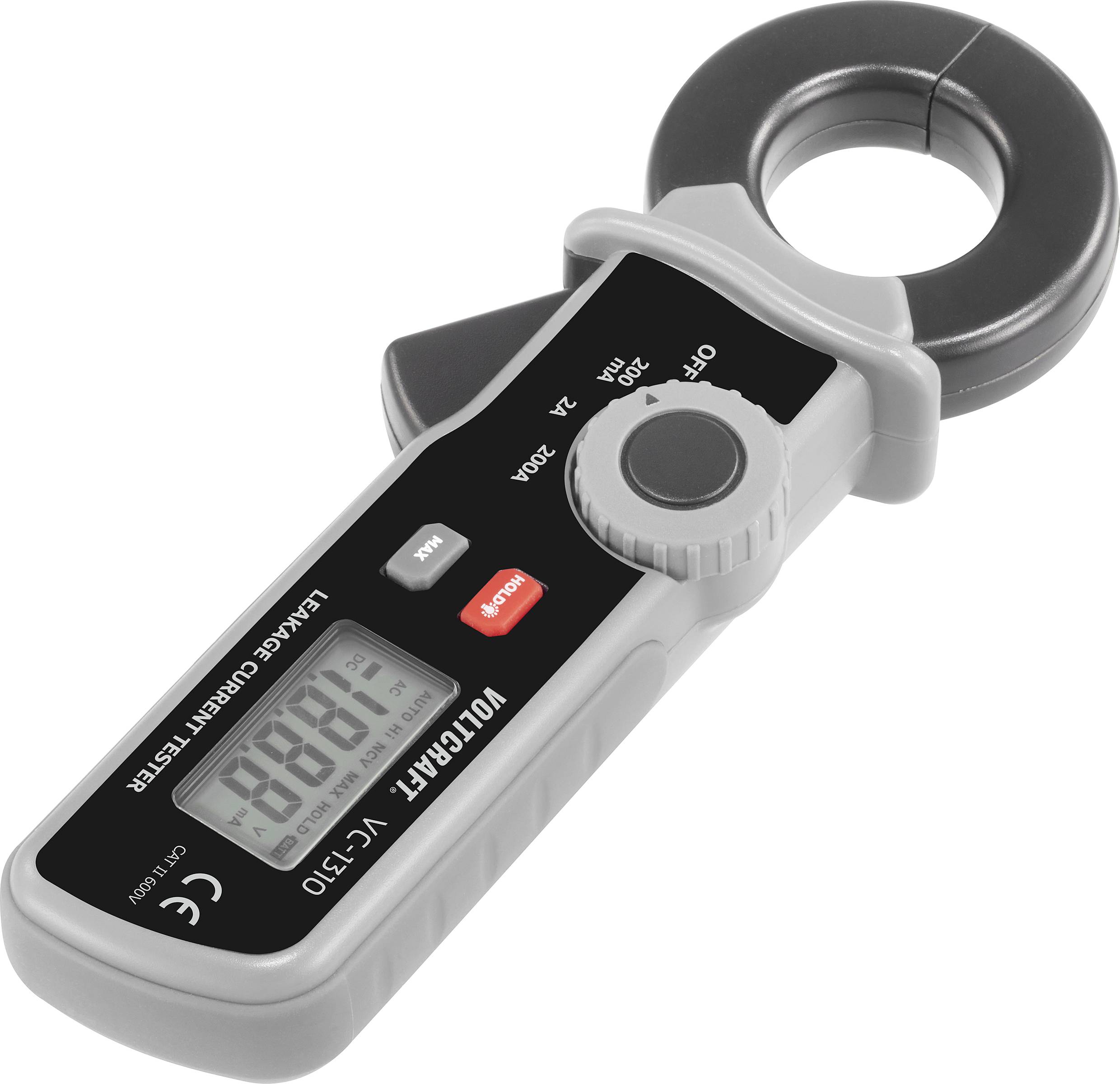 Digitale stroommetingsmeter met klem, LCD-display toont '0888', knoppen voor instellingen, behuizing in grijs en zwart.