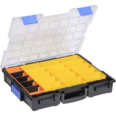 Een geopende sorteringsdoos met gele en zwarte compartimenten. Het deksel is transparant met blauwe sluitingen.