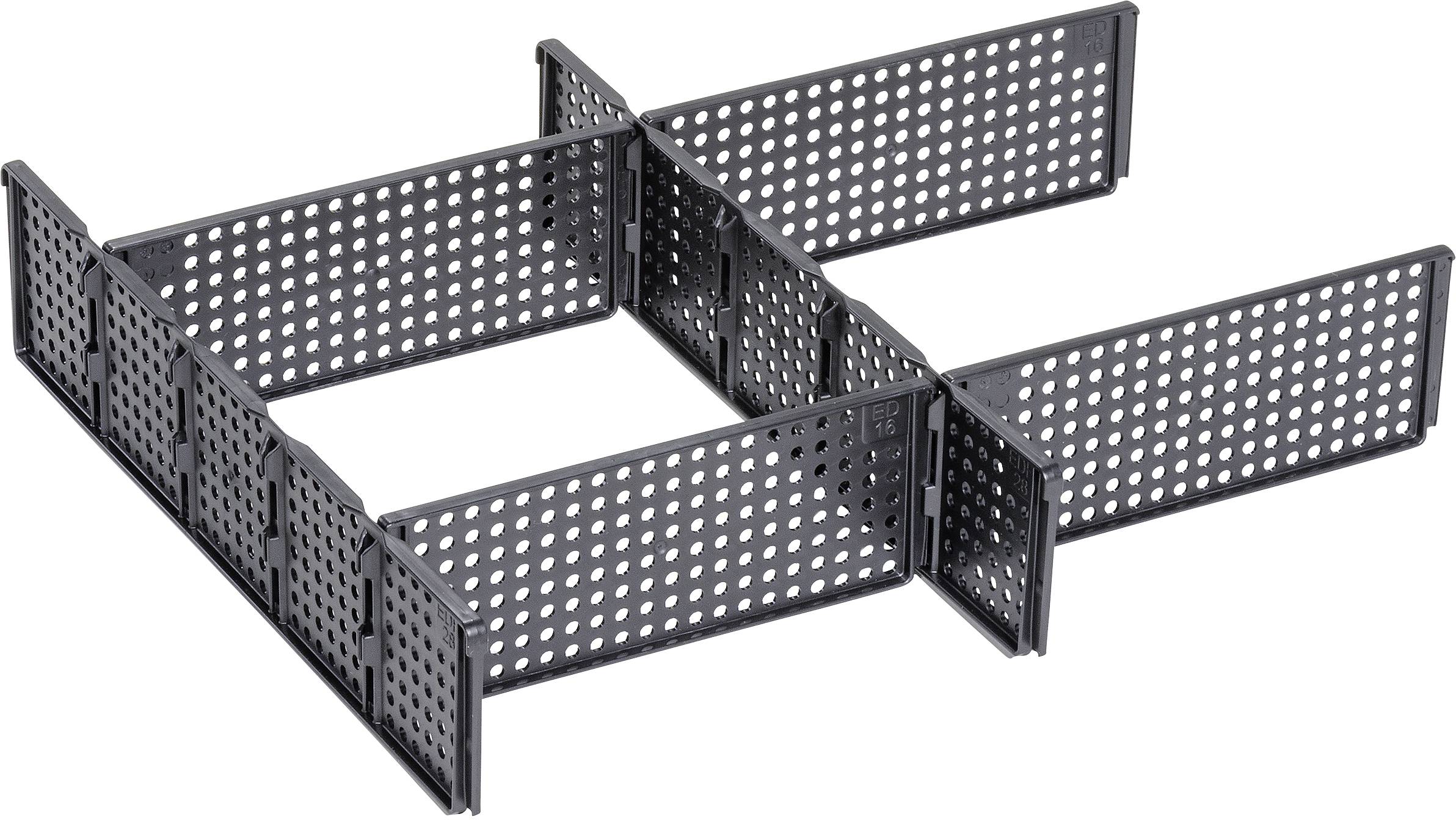 Een zwart, vierkant onderdeel met geperforeerde platen aan de zijkanten, samengesteld tot een rechthoekig, open frame.