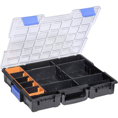 Een geopende gereedschapskoffer met scheidingsvakken. De deksel is transparant, en enkele vakken zijn oranje gemarkeerd. Ideaal voor organisatie.