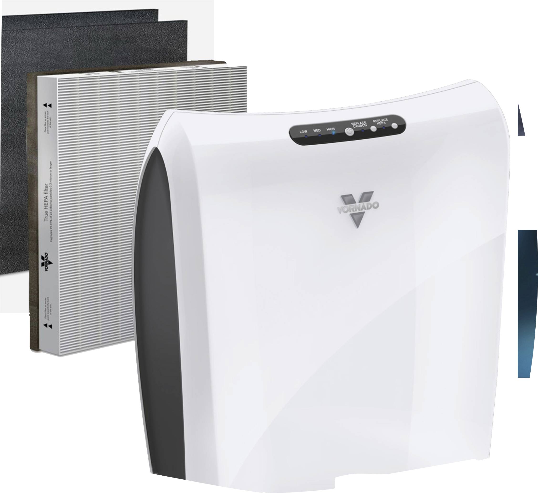 Een witte luchtreiniger met strakke lijnen, met daarnaast verwisselbare filters. Geschikt voor ruimtes ter verbetering van de luchtkwaliteit.