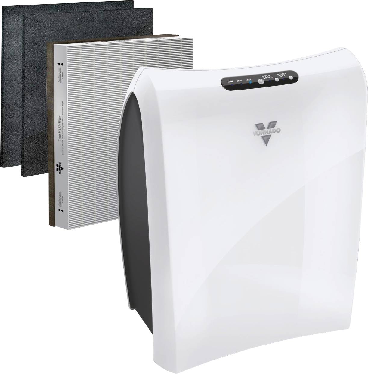 Een witte luchtreiniger met drie verwisselbare filters op de achtergrond. De voorkant toont bedieningselementen voor instellingen en bedrijfsmodi.