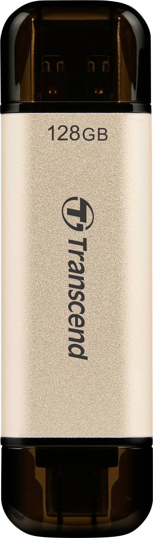 USB-stick van Transcend met 128 GB capaciteit, behuizing in goudkleur, zwarte dop. Ideaal voor het opslaan en transporteren van gegevens.