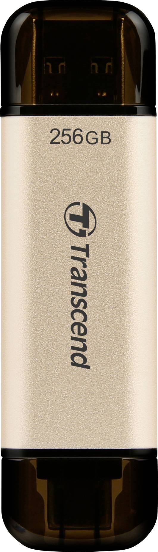 USB-stick van 256GB opslagcapaciteit, merk Transcend, zilverkleurige oppervlakte.
