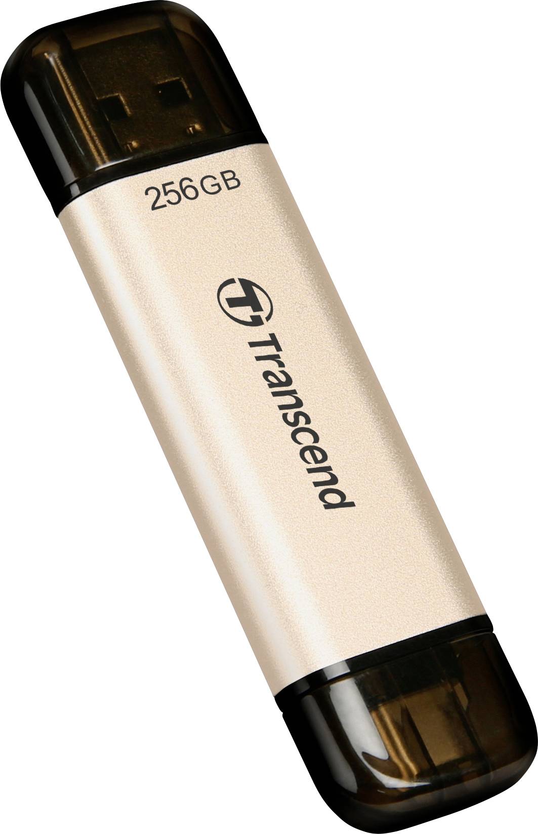 Een USB-stick van Transcend met 256GB capaciteit, in een goudkleurige behuizing met zwarte eindkappen.