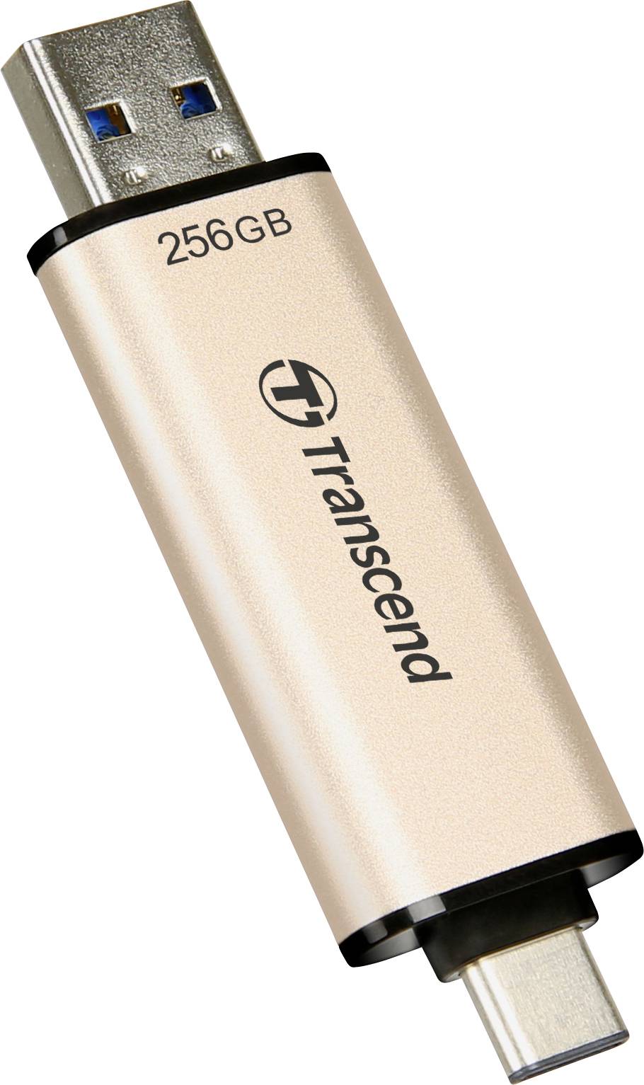 USB-stick van Transcend met 256 GB opslagcapaciteit, goudkleurig, met USB-A en USB-C aansluitingen.
