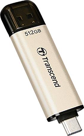 USB-stick met 512 GB opslagcapaciteit van het merk Transcend, afgebeeld in goud en zwart met een afneembare beschermkap.