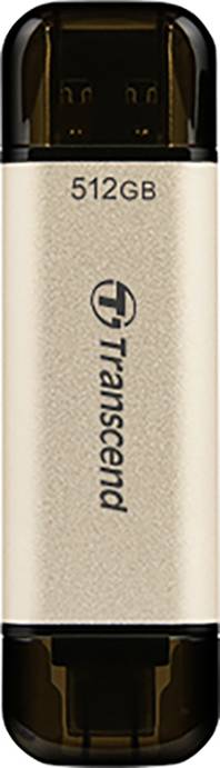 USB-stick in goud met het opschrift 'Transcend' en een capaciteit van 512GB.