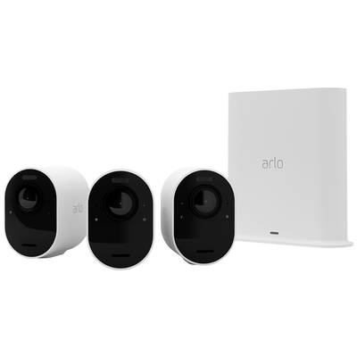 Drie draadloze beveiligingscamera's en een basisstation van het merk 'Arlo' staan naast elkaar. Ideaal voor thuisbeveiliging.