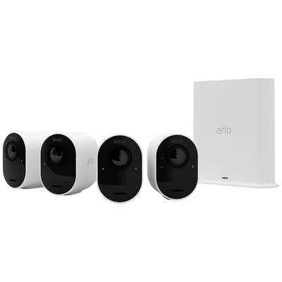 Vier draadloze bewakingscamera's en een basisstation. Camera's zijn wit met een zwarte voorkant en compact. Aanduiding 'arlo'.