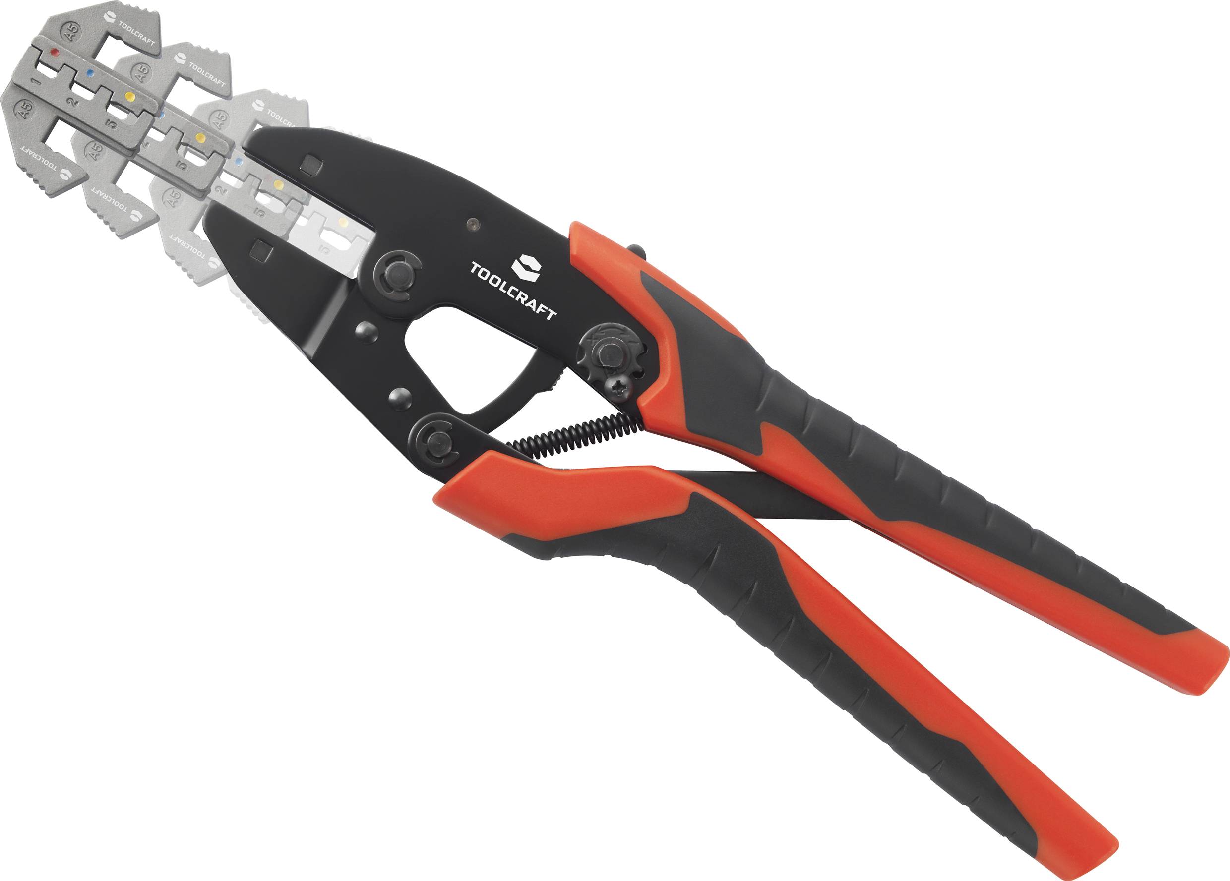 Een krimptang met zwarte en rode handgrepen, gebruikt voor het aankrimpen van kabelschoenen of verbindingen.