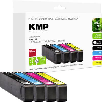 'KMP Premium Quality Inktpatronen Multipack', compatibel met HP 913A serie. Bevat zwarte, cyaan, gele en magenta inktpatronen.