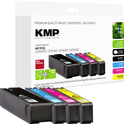 'KMP Premium Kwaliteit Inktpatronen Multipack' voor HP printers. Bevat zwart, cyaan, magenta, geel. Belooft '1108 g CO2 bespaard'.