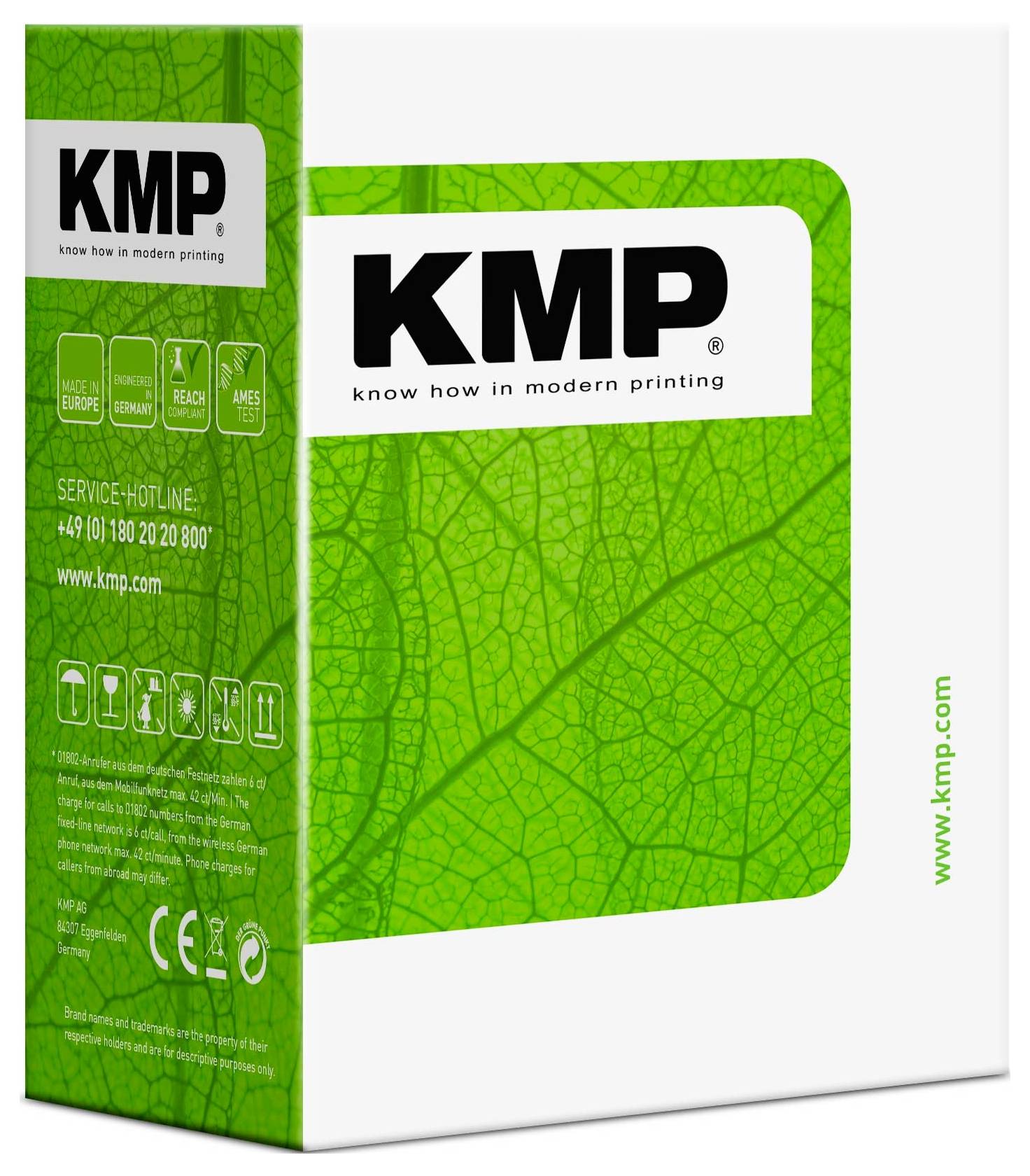 Groen KMP-printerpakket inkt/toner met bladpatroonontwerp en website 'www.kmp.com' op de doos.