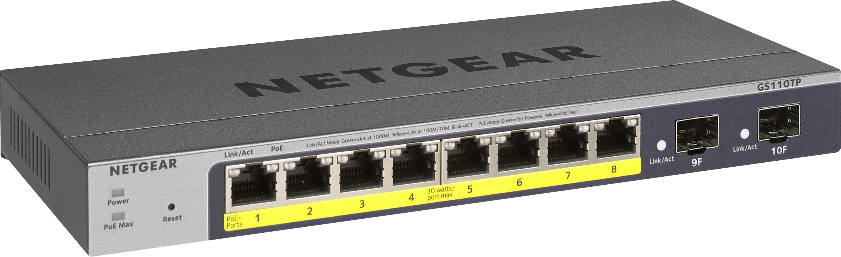 Netwerk-switch met acht LAN-poorten en twee SFP-poorten. Hij is grijs met het opschrift 'Netgear'. Links bevinden zich statuslampjes.