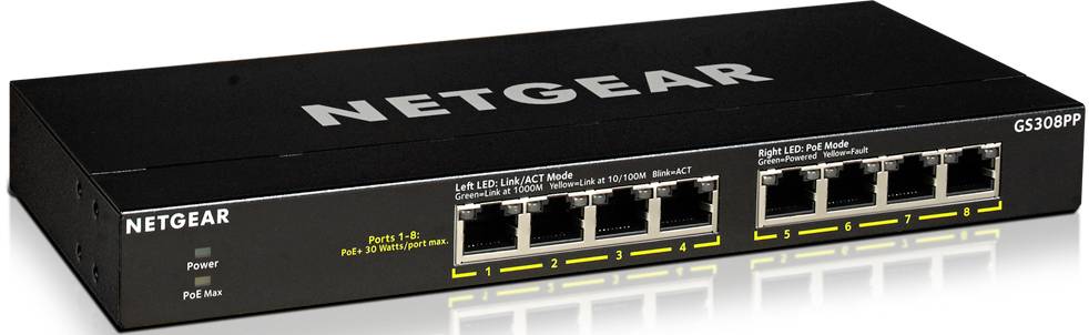 Netgear-netswitch, model GS308PP, met 8 Ethernet-poorten en PoE-ondersteuning voor thuis- of kantoorgebruik.