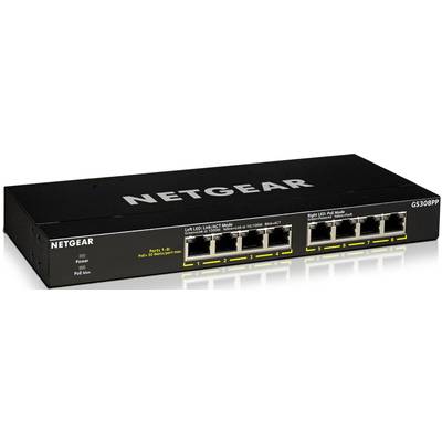 Netgear-netswitch, model GS308PP, met 8 Ethernet-poorten en PoE-ondersteuning voor thuis- of kantoorgebruik.