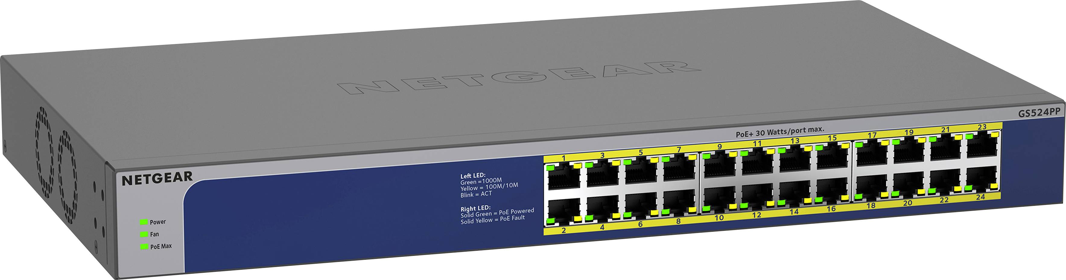 'NETGEAR netwerk-switch met 24 Ethernet-poorten. LED's branden groen en geven actieve verbindingen aan.'
