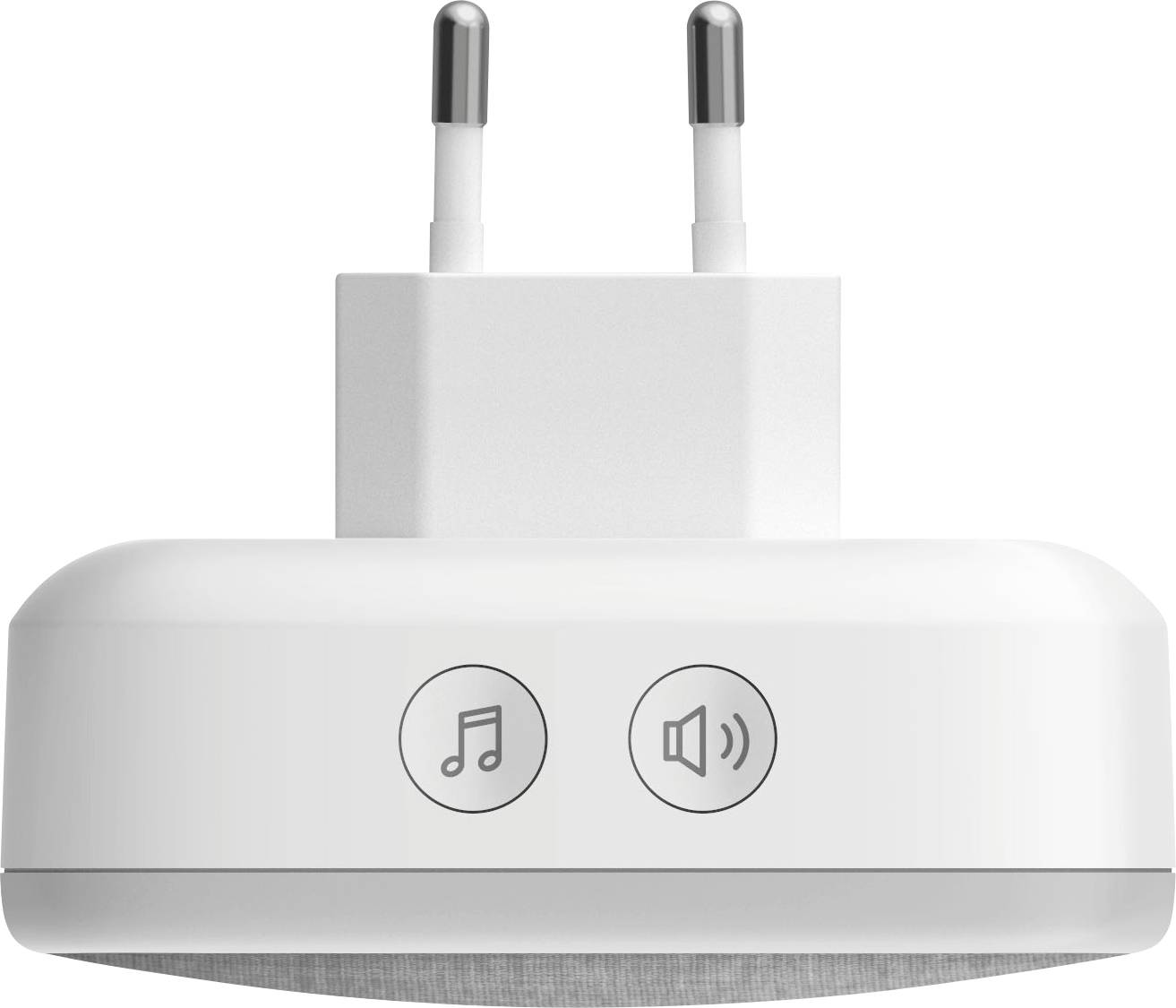 Een witte stopcontact-speaker met twee symbolen: een muzieknoot en een luidsprekersymbool. Metalen stekkercontacten bovenaan.