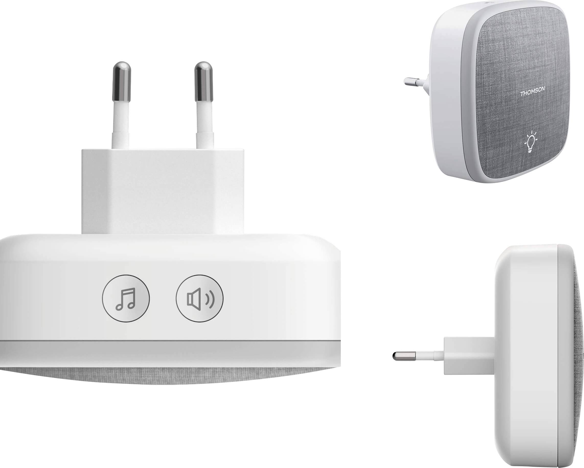 Witte, rechthoekige draadloze deurbel-ontvanger met EU-stekker, volumetoetsen en muzieksymboolknoppen. Toont drie verschillende aanzichten van het apparaat.