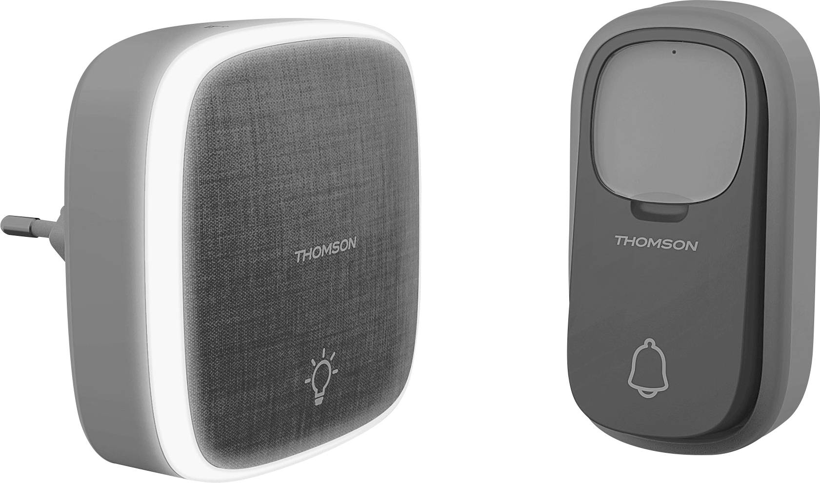 Twee draadloze deurbellen van het merk Thomson, waarvan één met LED-display en verlichting, de andere met een klokjesymbool, beide in een modern design.