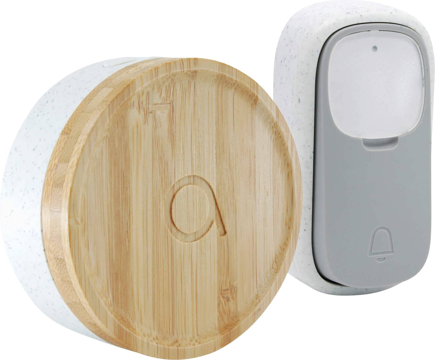 Twee moderne deurbellen van hout en kunststof, een met een ronde bamboesknop en de andere met een grijze knop.