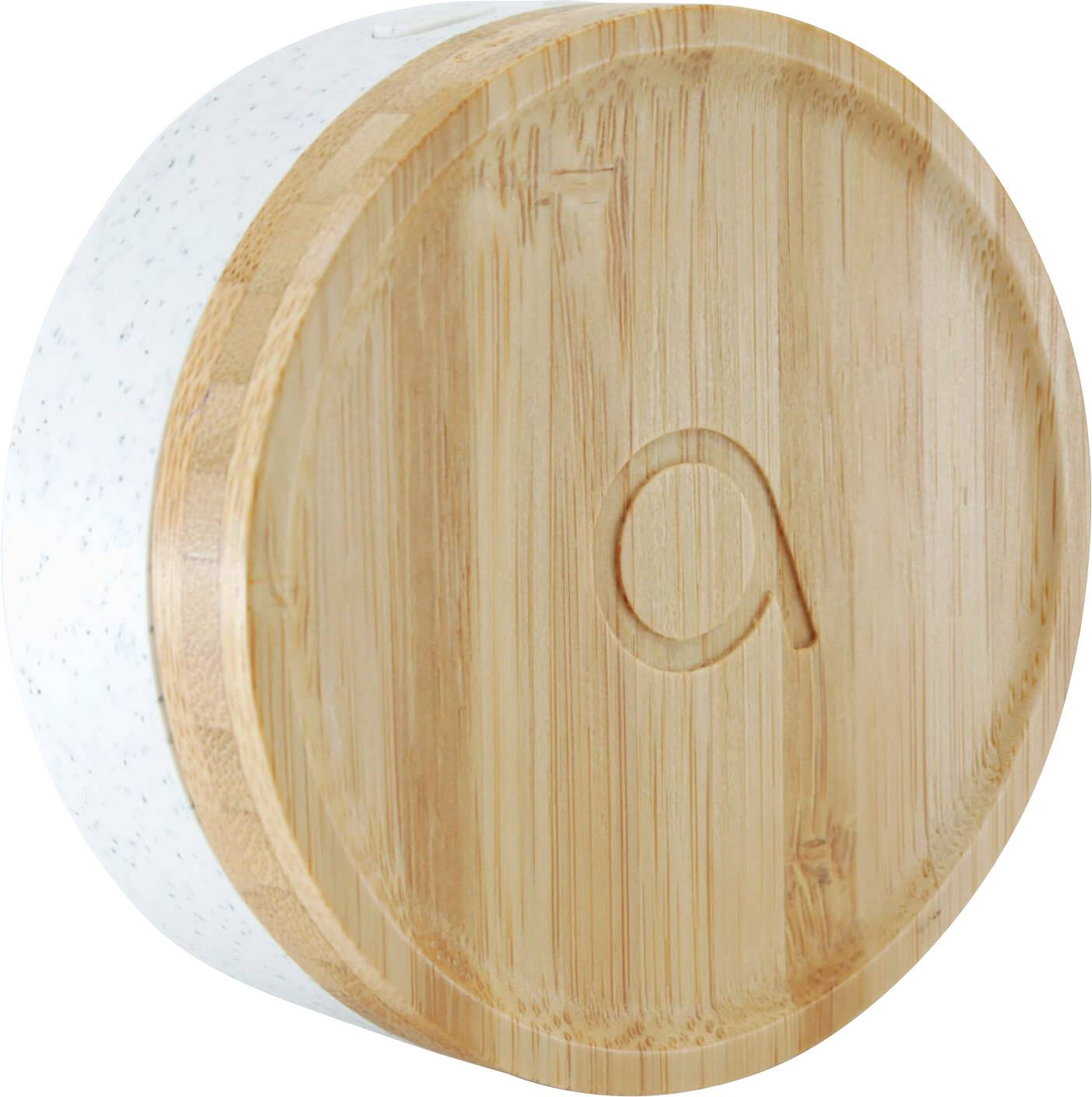 Ronde bamboe doos met een gegraveerde 'a' op het deksel.