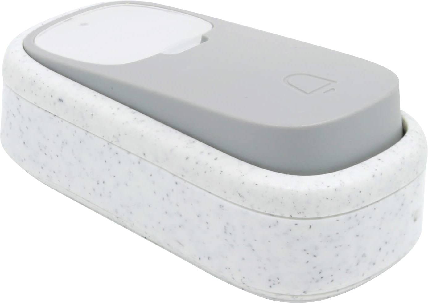 Een rechthoekige, grijze container met afgeronde hoeken staat in een gemarmerde, witte schaal. Modern, minimalistisch design.