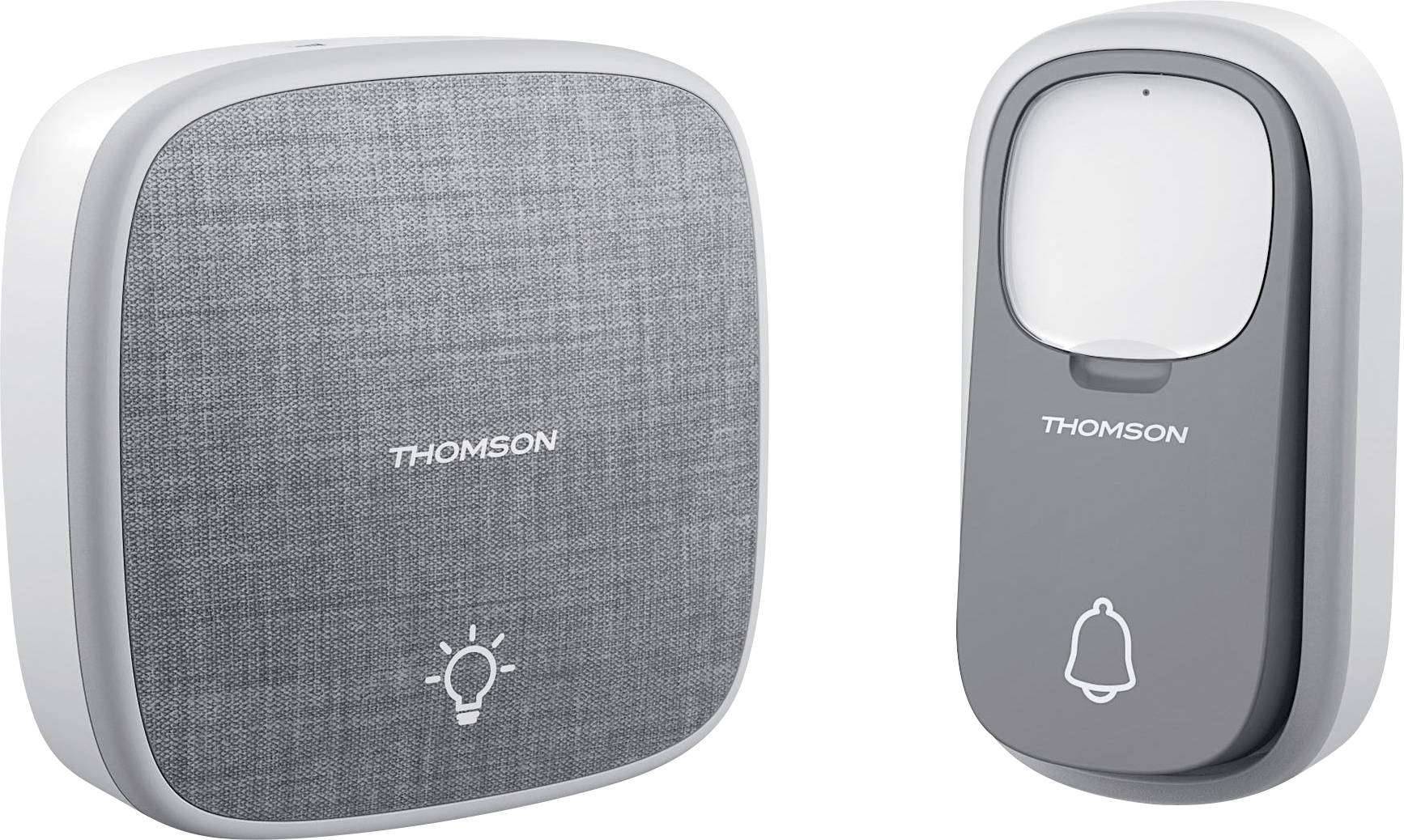 Twee draadloze deurbellen van Thomson. Links een grijs model met gloeilampensymbool, rechts een wit-grijs model met belletjessymbool.