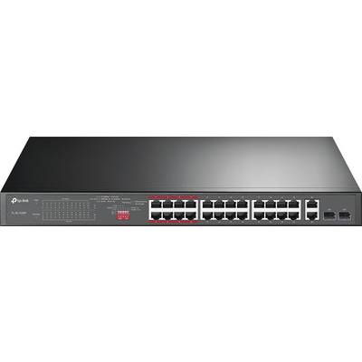 Een TP-Link netwerk-switch met 24 Ethernet-poorten, gezien van voren. Links zijn statusaanduidingen en een aan-uitschakelaar zichtbaar.