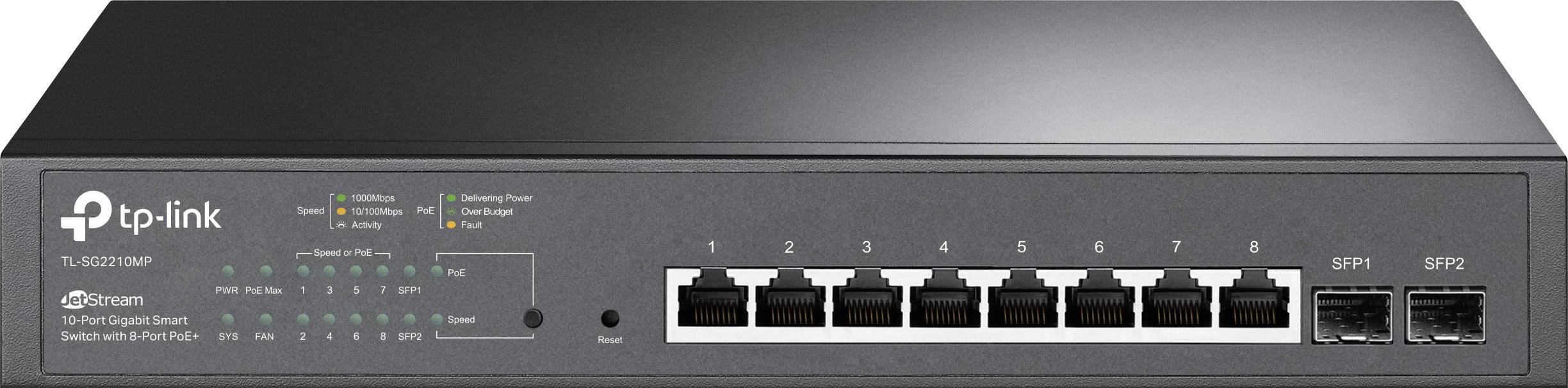 'TP-Link netwerk-switch met acht Ethernet-poorten en twee SFP-poorten, model JetStream. LED-indicatoren tonen status en verbindingen.'
