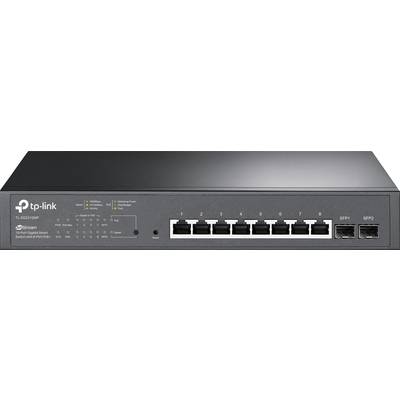 'TP-Link netwerk-switch met acht Ethernet-poorten en twee SFP-poorten, model JetStream. LED-indicatoren tonen status en verbindingen.'
