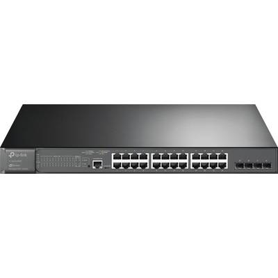 Zwart-grijze netwerk-switch met 24 Ethernet- en 4 glasvezelaansluitingen, geschikt voor grote gegevensoverdrachtbehoeften.