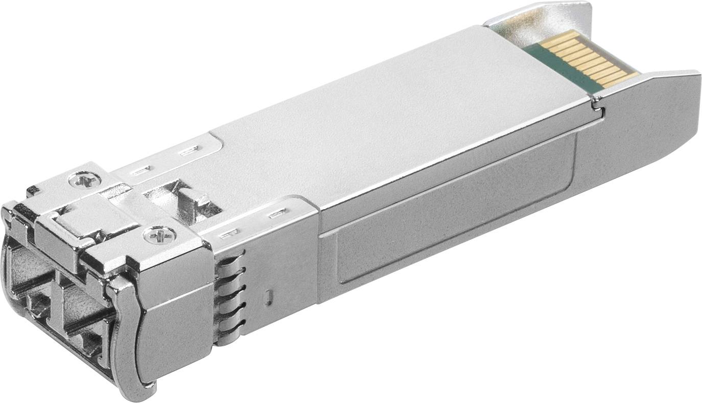 Metallic SFP-module voor uitbreiding van netwerkapparatuur, met twee glasvezelaansluitingen en gouden contacten.