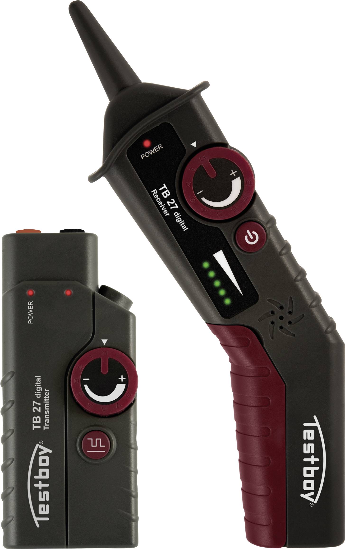 Spanningzoeker met LED-indicator en rode knop voor het meten van elektrische spanning, merknaam 'Testboy' herkenbaar.